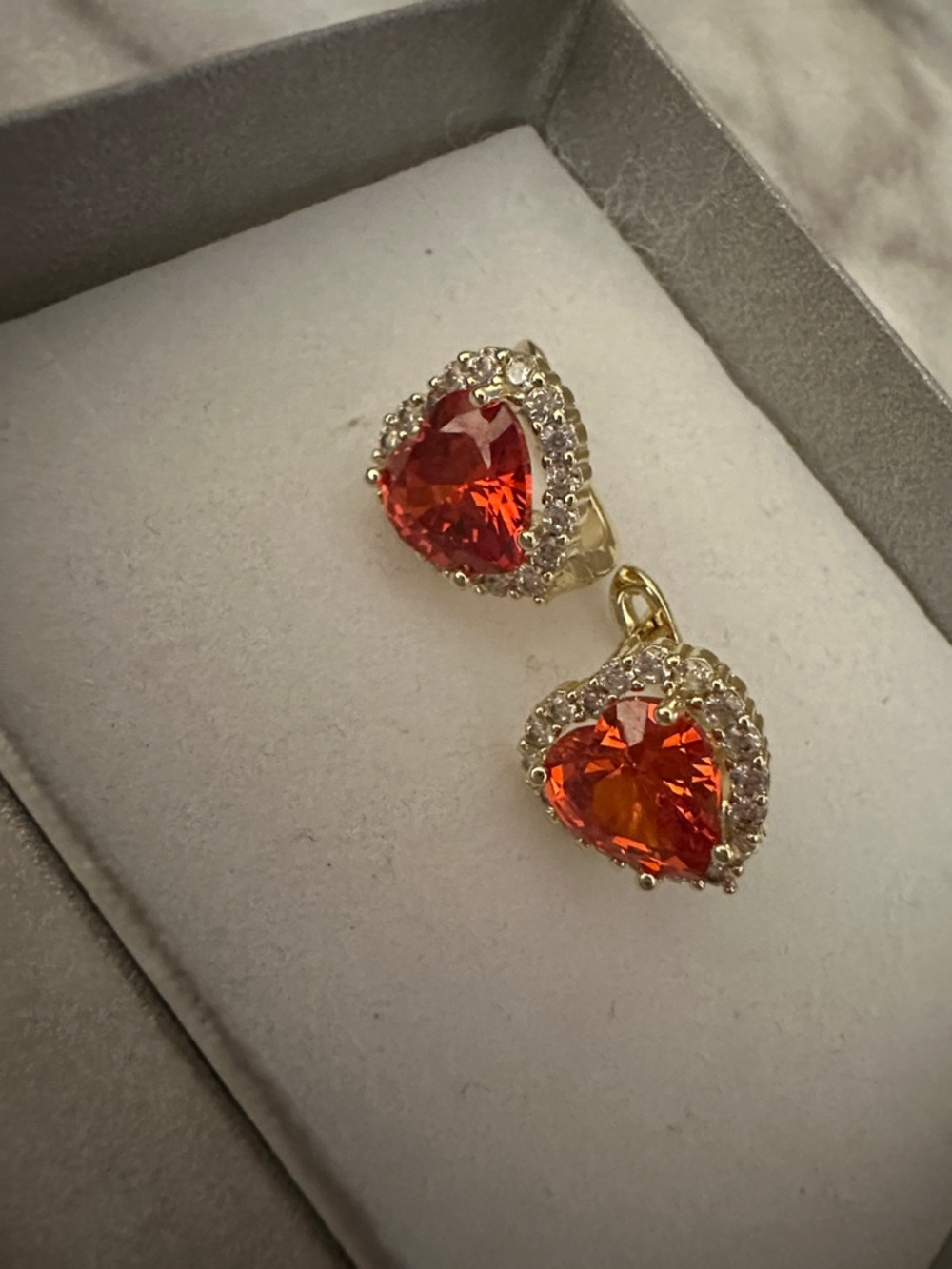 18kt Gold  Filled Heart Drop Earrings with Orange  Crystal Halo